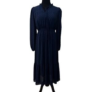 Altar’d State Navy Swiss Dot Midi Dress  Large Smocked Waist Long Sleeve Boho